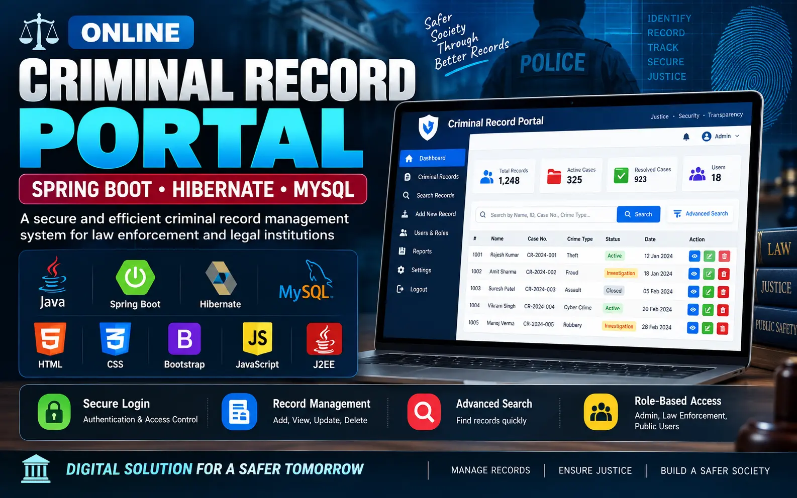 Online Criminal Record Portal using Spring Boot Hibernate, MySQL, J2EE