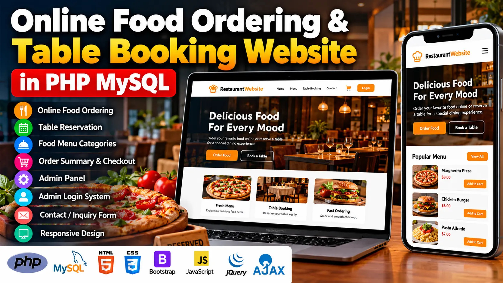 Online Food Ordering and Table Booking Website in PHP and MySQL